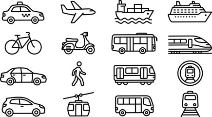 Public and private transportation outline icon set with taxi airplane train bus bicycle ship scooter and urban mobility symbols © ShuvoStock