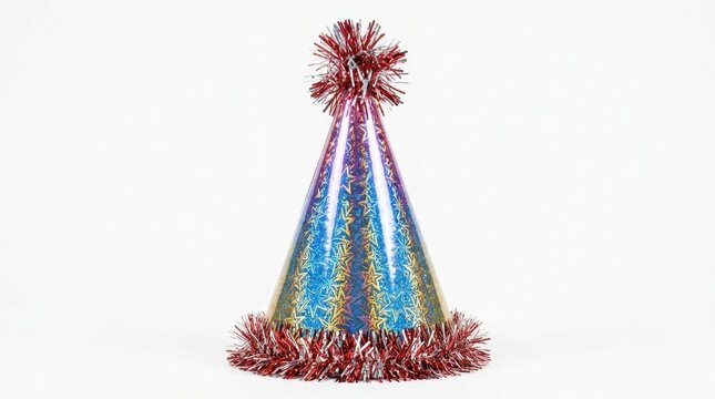 Sparkling Iridescent Party Hat with Golden Stars and Red Tinsel Pom-pom Isolated on White Background