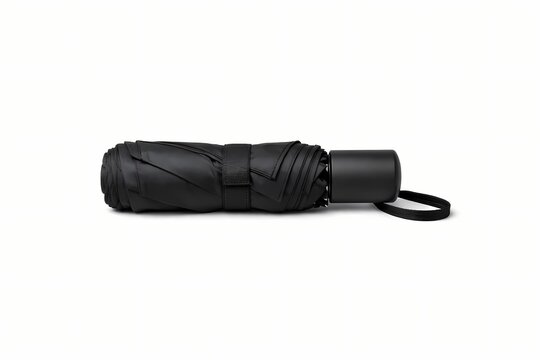 This clear photograph features a folded black compact umbrella completely isolated on a white background. It is highly suitable for weather blogs and travel accessory advertisements.