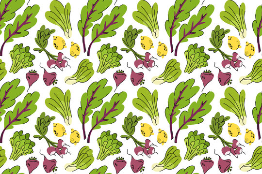 Seamless vegetable pattern with green leaves of chard, lemon, radish, beetroot and salads, local market products for the Mediterranean diet