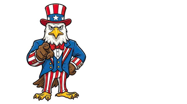 Uncle sam eagle cartoon character pointing forward with patriotic american flag attire