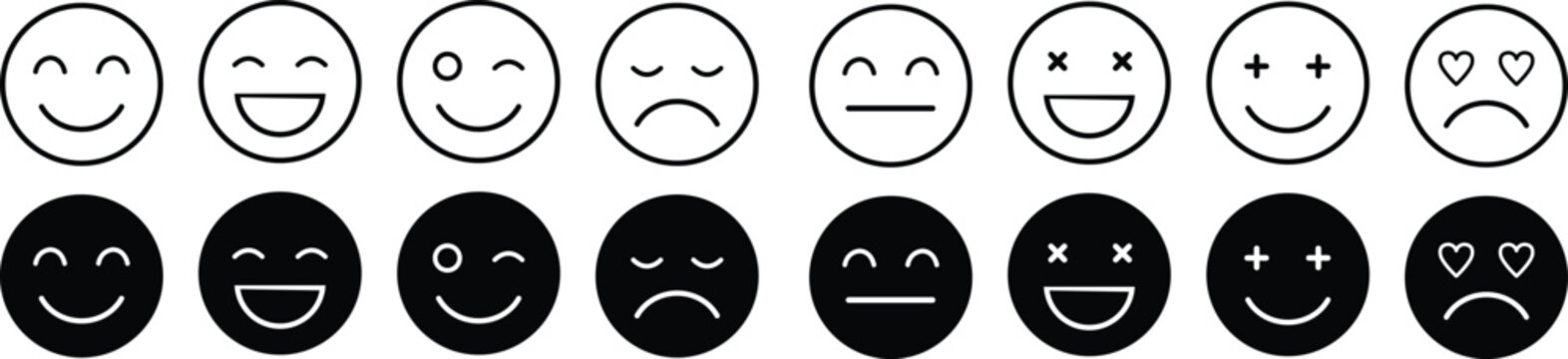 Collection of smiling and frowning emoticon faces in black and white
