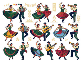 Fototapeta premium Traditional European Folk Dancers and Musicians in Colorful Costumes Illustration Set with Accordion, Guitar, and Trumpet Players