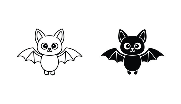 Cute cartoon bat character vector icon set in outline and solid black style for halloween art