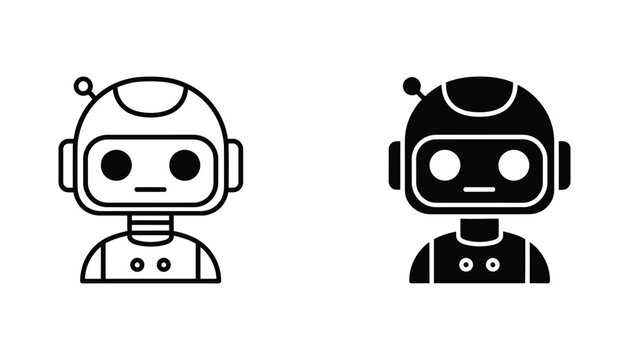 Futuristic robot head character vector icon set in outline and solid black design style isolated