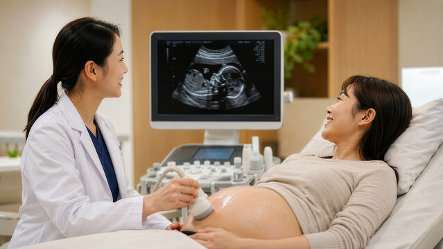 OB-GYN Doctor Performing Ultrasound Examination on Pregnant Japanese Woman Showing Fetal Image on Monitor