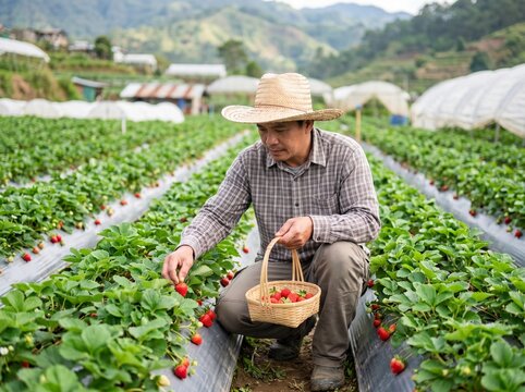 Man Harvesting Strawberries in Baguio Farm