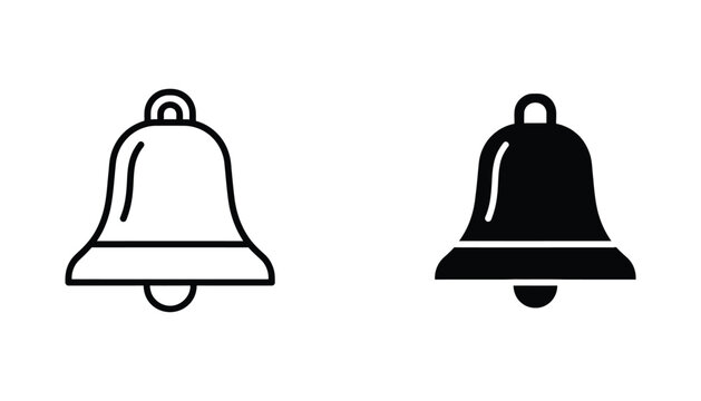 Classic ringing bell alert icon set in black and white simple vector illustration style