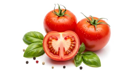 Fototapeta premium Fresh tomatoes with basil and spices on white background