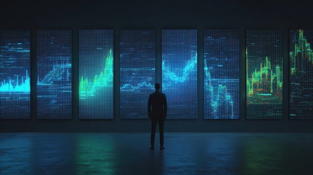 Back view of an investor analyzing compound interest growth on massive futuristic digital screens, exponential financial charts glowing in neon blue and green