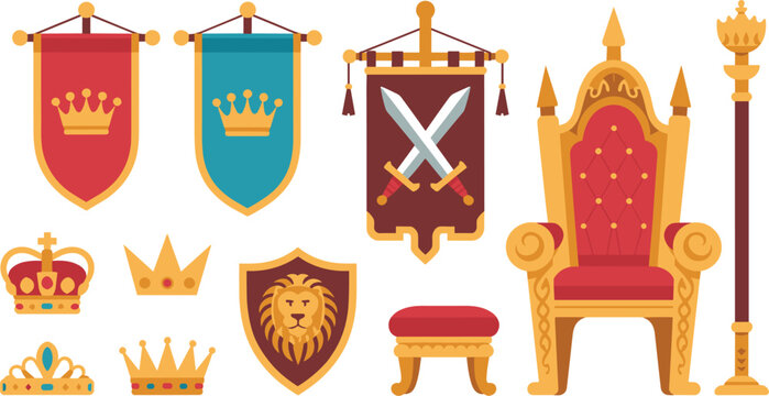 Medieval Royal Kingdom Icon Set with Golden Throne, King Crowns, Knight Shield, Banners, and Scepter for Fantasy Game Design, Fairy Tale Stories, and Regal Heraldry Vector Illustrations