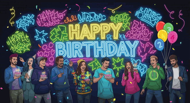 Group of friends celebrates a birthday in a dark room decorated with neon graffiti and glowing accessories while holding small lit cakes.
