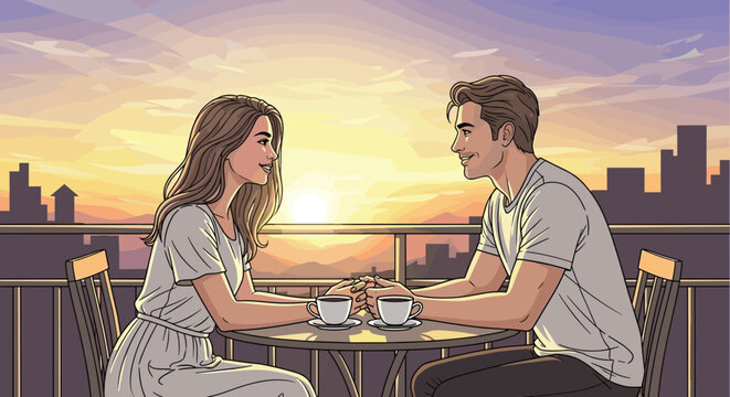 Romantic couple sits at a small table on a balcony holding hands and enjoying coffee together as the sun sets behind a distant city skyline.