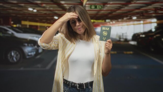 Woman holding a korean passport, hand on forehead and uneasy expression while standing in a parking building among cars and concrete pillars; travel frustration.