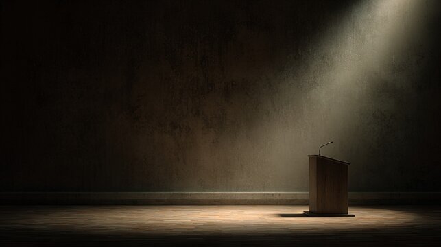 lectern. Single spotlight on empty podium in a quiet reflective space. event programs, museum guides, designed for cultural heritage projects and event programs, supports education.