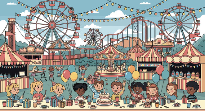 Children celebrate a birthday at a fairground with a Ferris wheel, roller coaster, and carousels while enjoying a party table with cake.