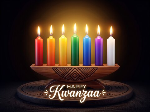 Seven colorful lit candles in a wooden kinara holder for the Kwanzaa holiday celebration