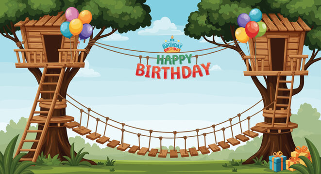 Fun treehouse birthday celebration setup in a lush forest featuring a wooden bridge, colorful balloons, and a festive banner.