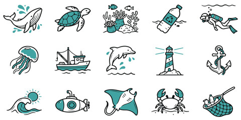 Obraz premium 15 World Ocean Day Marine Conservation Doodle Icon Set – Vector Bundle
