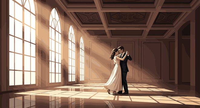 Elegant couple dancing gracefully in a spacious and sunlit grand ballroom featuring large windows and polished reflective floors.