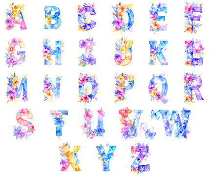 Watercolor Floral Alphabet Full Set
