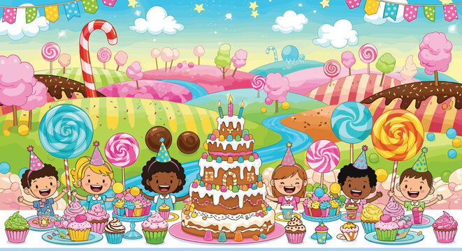 Whimsical candy land themed birthday party with happy children surrounded by giant lollipops, sweets, and a massive tiered cake.