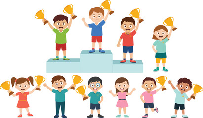 Fototapeta premium Cute Kids Winning Trophies Character Set with Children Standing on Podium, Celebrating Success, Holding Gold Cups, and Achievement Medals for School Sports and Competition Vector Illustrations