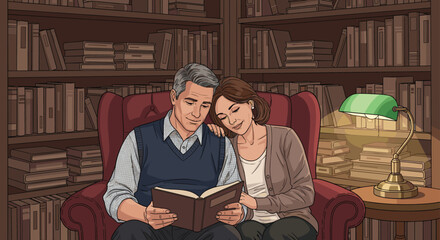 Fototapeta premium Elderly couple shares a quiet and cozy moment reading a book together in a large home library surrounded by many shelves filled with books.