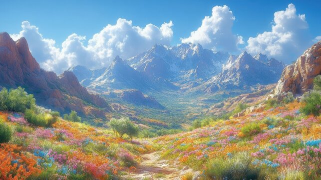 Vibrant Mountain Valley Abloom with Wildflowers Under a Clear Blue Sky