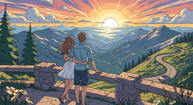 Young couple stands at a stone railing admiring a breathtaking sunset over a vast mountain range with a winding road in the valley below.