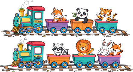 Adorable cartoon animal train collection with cute fox panda tiger lion rabbit raccoon and colorful locomotive vector illustration for children © ShuvoStock
