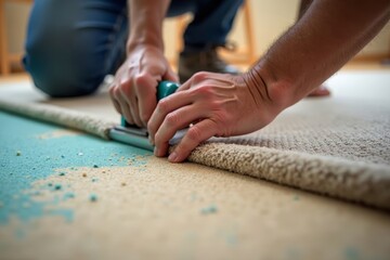 Obraz premium The Skilled Artisan: Precision Cutting Carpet with a Vibrant Backdrop