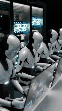 Looping robot in server room monitors systems via futuristic interface