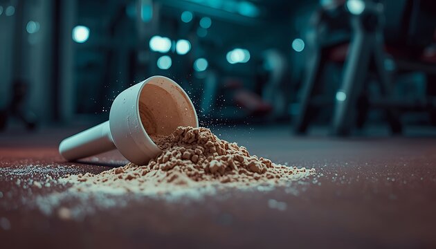 A scoop pouring protein powder onto a dark surface in a well-lit gym setting with fitness equipment in the background
