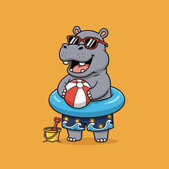 Happy hippo wearing sunglasses and swim shorts ready for summer vacation.