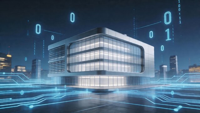 Futuristic building with digital circuit overlay