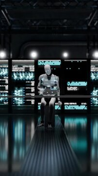 Looping robot in server room monitors systems via futuristic interface