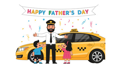 Naklejka premium Father's Day Taxi Celebration: A joyful Father's Day scene features a happy taxi driver warmly embracing two children in front of a bright yellow taxi.