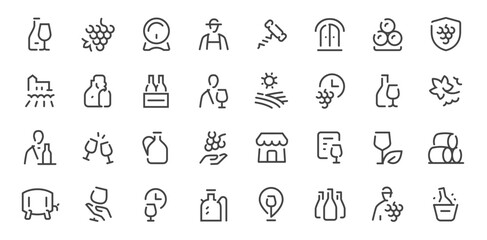 Obraz premium Wine and vineyard outline icons set with bottles, grapes, barrels, sommelier and winery symbols