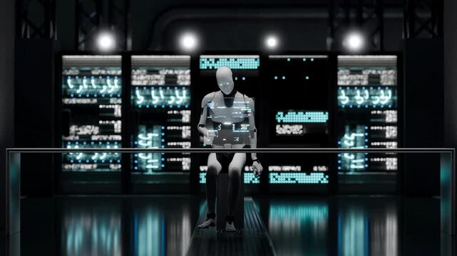 Looping robot in server room monitors systems via futuristic interface