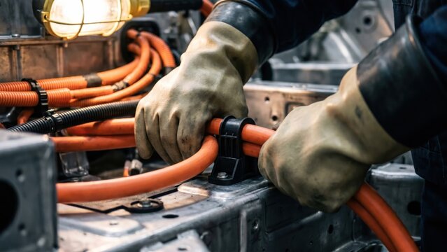 Skilled Technician Routing Orange High Voltage Cables Through Electric Vehicle Chassis