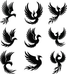 Obraz premium Set of phoenix bird silhouettes isolated on white background