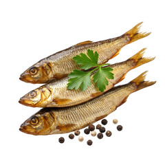 Naklejka premium Smoked Sprat Fish Stacked with Parsley and Peppercorns on White Background