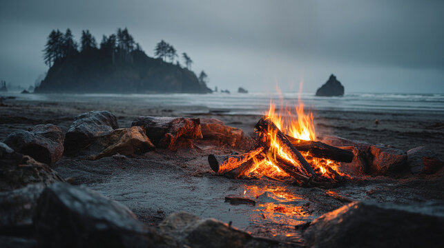 Outdoor bonfire on wet rocky beach during overcast evening with silhouette
