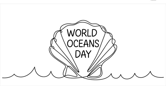 World oceans day continuous line art drawing of a seashell with text Vector, illustration