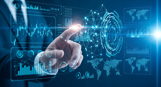 Digital Data Analysis Interface Touchscreen World Map Charts