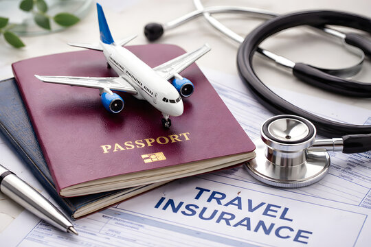 Travel insurance document with passport airplane and stethoscope, medical safety coverage concept for international trip, healthcare protection, visa journey planning, emergency assistance and tourism