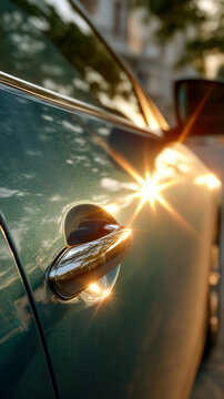 Sunlight flare on a green car door handle automotive luxury