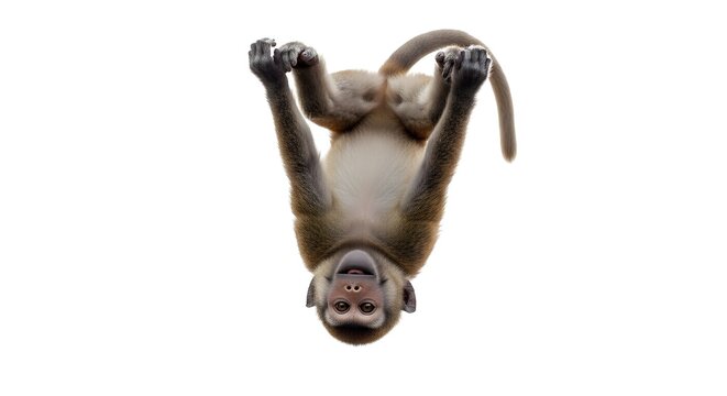 A playful monkey hanging upside down against a pure white background, showcasing its playful and agile nature