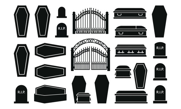 Coffin tombstone and cemetery gate silhouette icon set